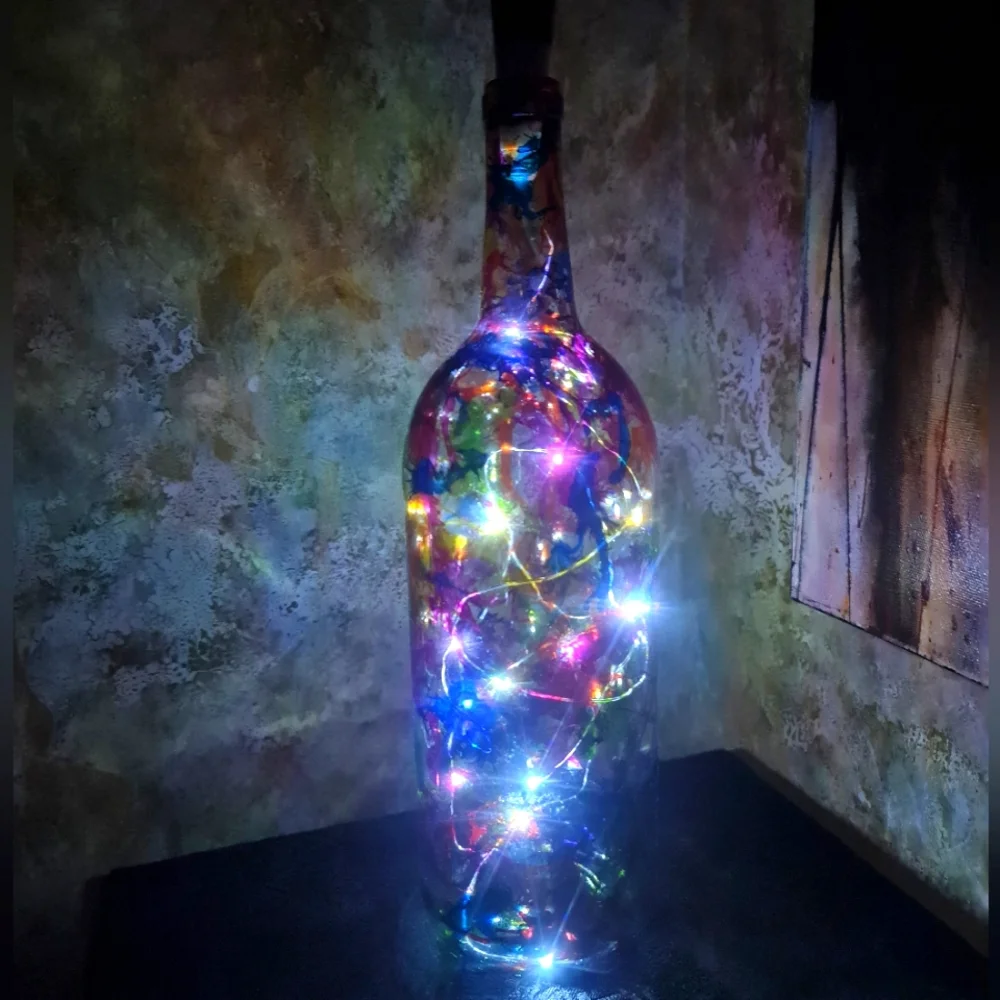 Illuminated Alcohol Ink Colorful LED Rechargeable USB Wine Bottle Light Decor